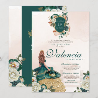 Emerald Green Gold Floral Wappen Charra Quinceaner Einladung