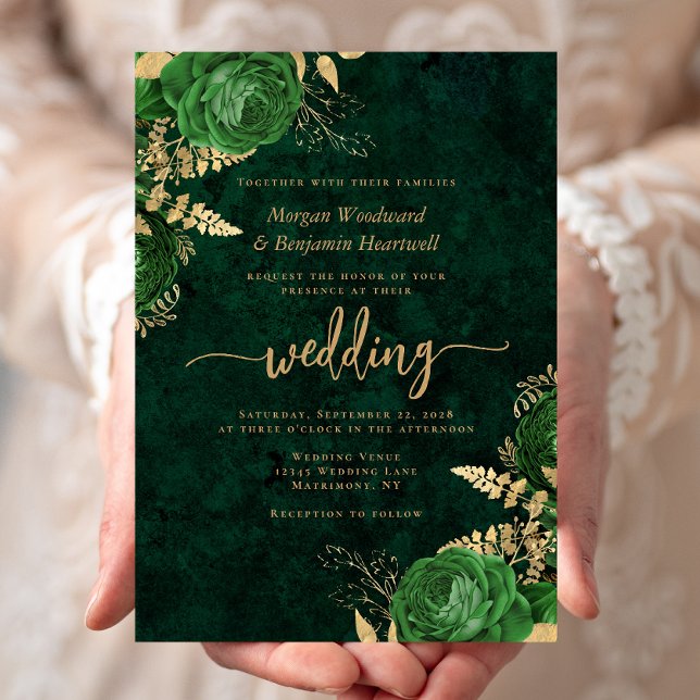 Emerald Green Gold Floral Wedding Einladung (Von Creator hochgeladen)