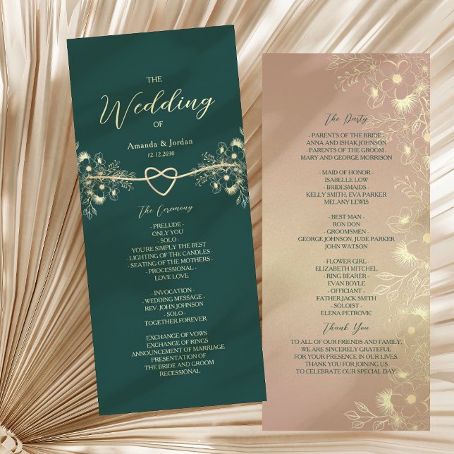 Emerald Green Gold Floral Wedding Programm (Von Creator hochgeladen)