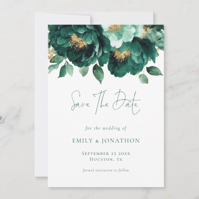 Emerald Green Gold Florals QR Code Wedding Save The Date (Vorderseite)