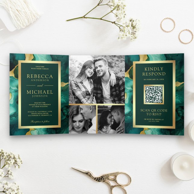 Emerald Green Gold Fluid Ink QR Code Wedding Dreifach Gefaltete Einladung (Von Creator hochgeladen)