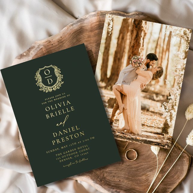 Emerald Green Gold Foil Foto Monogram Wedding Folieneinladung (Von Creator hochgeladen)