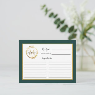 Emerald Green Gold Foliage Monogram Rezept Card Postkarte