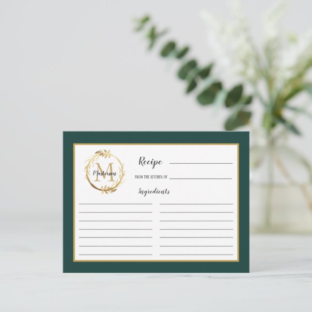Emerald Green Gold Foliage Monogram Rezept Card Postkarte (Stehend Vorderseite)