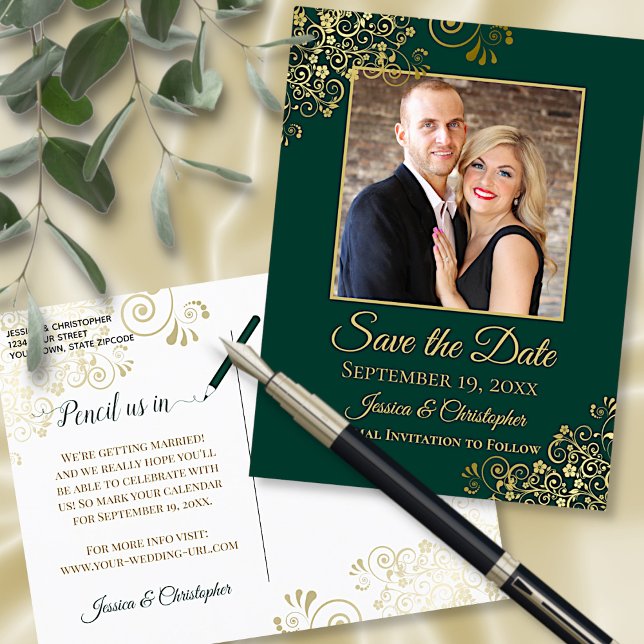 Emerald Green & Gold Foto Save the Date Hochzeit Ankündigungspostkarte (Front and Back)