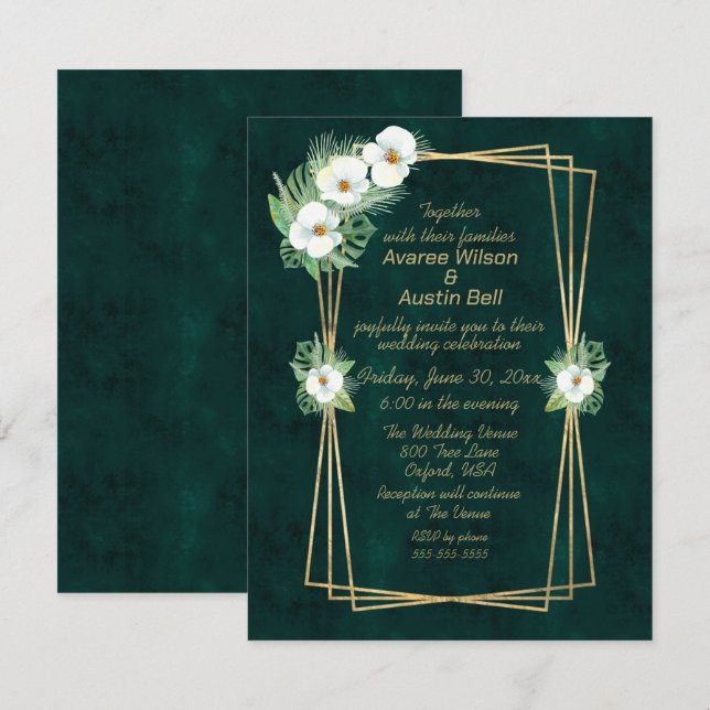 Emerald Green Gold Frame Floral Einladung (Vorne/Hinten)
