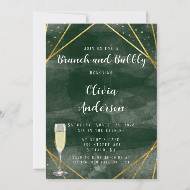Emerald Green & Gold Geometric Brunch und Bubbly Einladung (Vorderseite)
