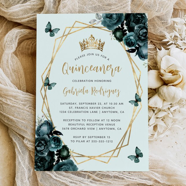 Emerald Green Gold Geometric Floral Quinceañera Einladung (Von Creator hochgeladen)