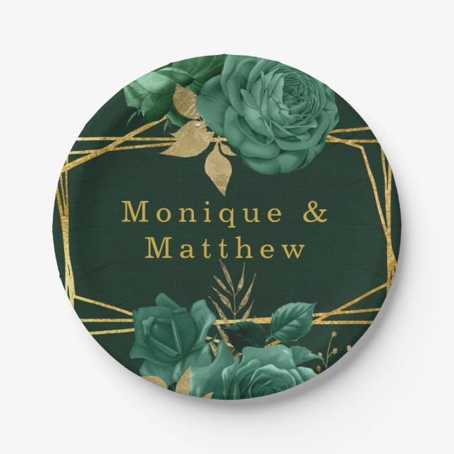 Emerald Green Gold Geometric Floral Wedding Pappteller (Vorderseite)