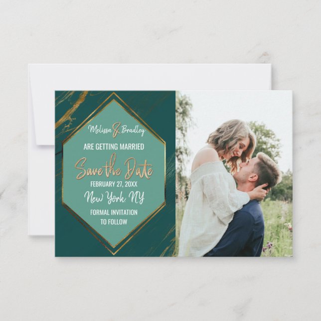 Emerald Green Gold Geometric Marble Save the Date (Vorderseite)