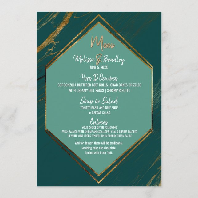 Emerald Green Gold Geometric Marble Wedding Menü Menükarte (Vorderseite)