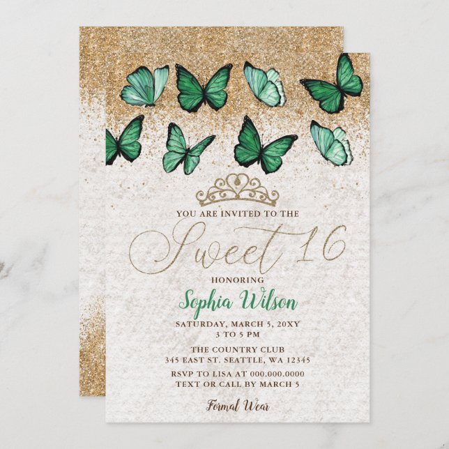 Emerald Green Gold Glitzer Butterfly Sweet 16 Einladung (Vorne/Hinten)
