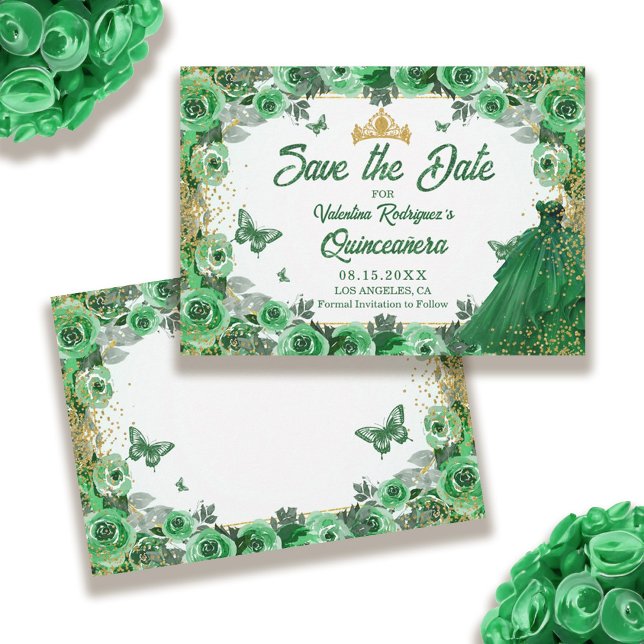 Emerald Green Gold Glitzer Floral Quinceanera Save The Date (Emerald Green Gold Glitter Floral Quinceanera Save The Date)