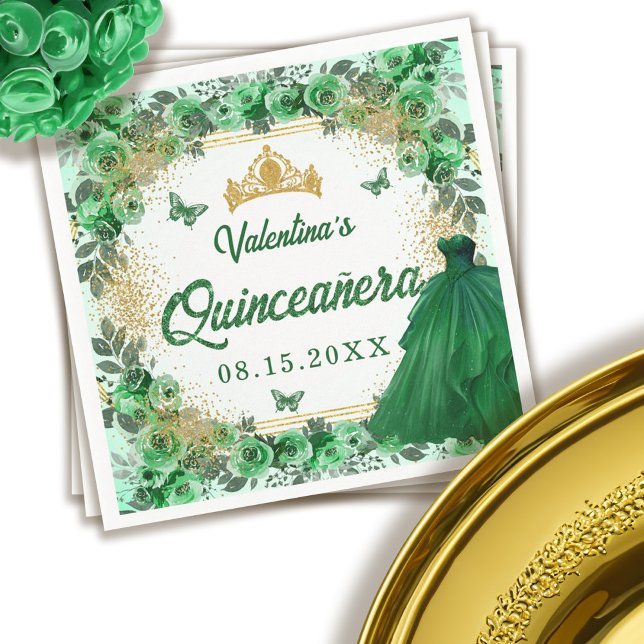 Emerald Green Gold Glitzer Floral Quinceanera Serviette (Emerald Green Gold Glitter Floral Quinceanera Napkins)