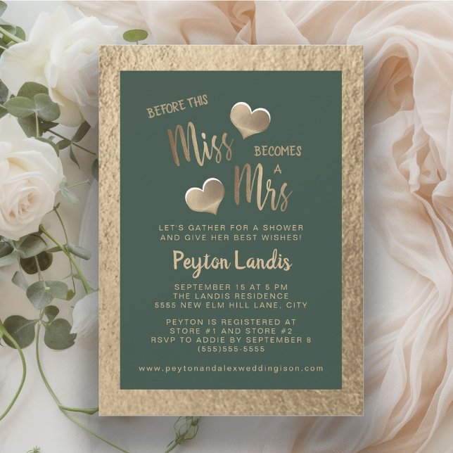 Emerald Green Gold Hearts Miss Mrs. Brautparty Einladung (Miss to Mrs. emerald green and gold bridal shower invitation)