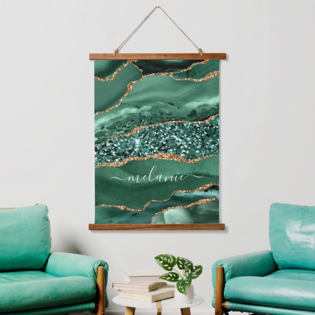 Emerald Green Gold - Ihr Name Tapestry Wandteppich Mit Holzrahmen (Wohnzimmer)