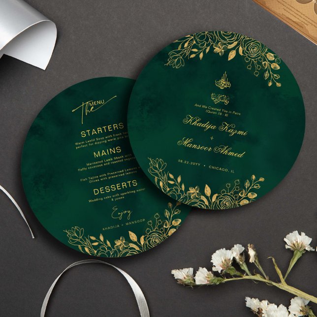 Emerald Green Gold Islamic Wedding Round Menu Card Einladung (Von Creator hochgeladen)