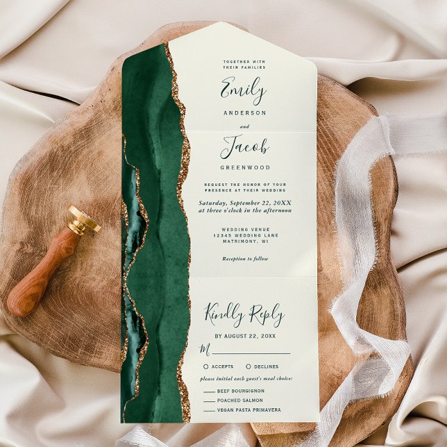 Emerald Green Gold Ivory Meal Options Wedding All In One Einladung (Von Creator hochgeladen)