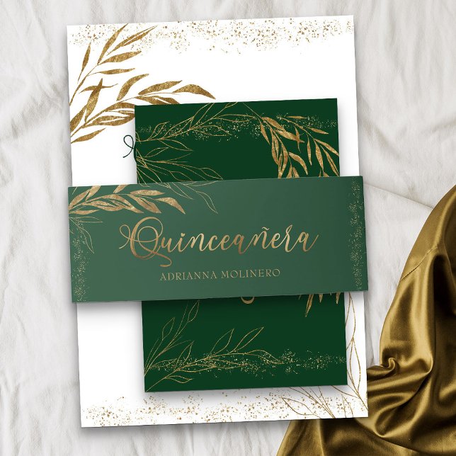 Emerald Green Gold Leaf und Confetti Quinceanera Einladungsbanderole (Emerald Green Quinceanera invitation belly band from my Gold Leaf Quinceanera Collection)