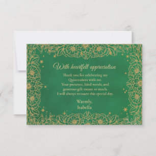 Emerald Green Gold Line Art Floral Quinceañera Dankeskarte