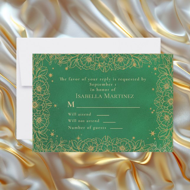 Emerald Green Gold Line Art Floral Quinceañera RSVP Karte (Elegant emerald green and gold floral Quinceñera RSVP response card)