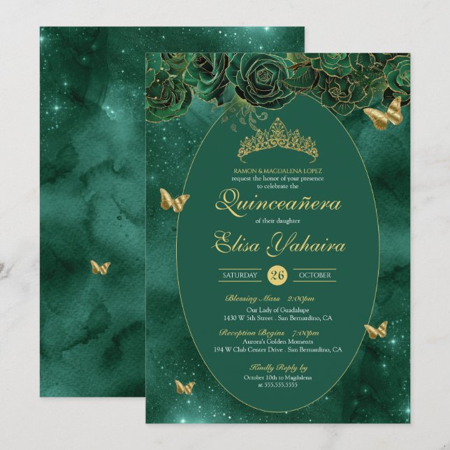 Emerald Green Gold Luxus Butterfly Quinceanera Einladung (Vorne/Hinten)
