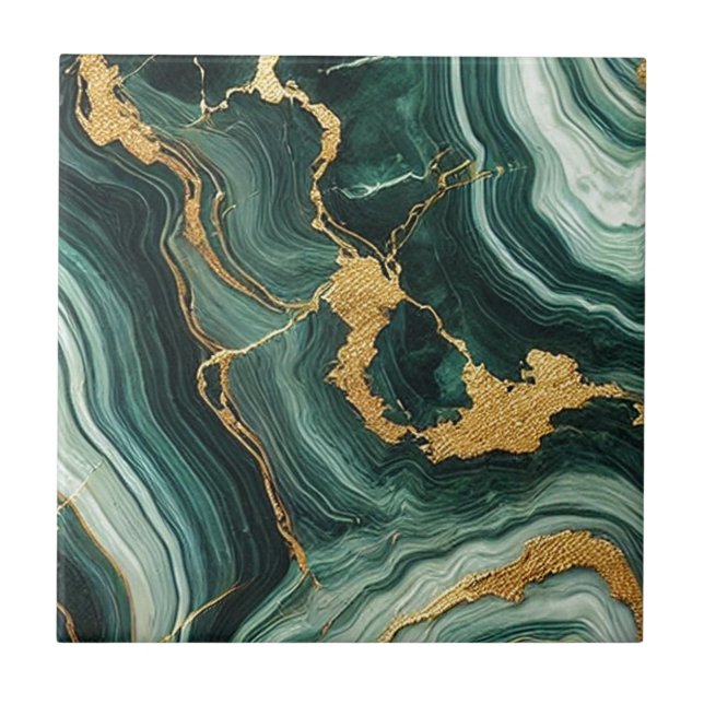 Emerald Green & Gold Marble Look Glam Fliese (Vorderseite)