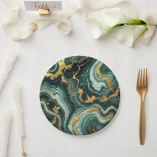Emerald Green & Gold Marble Look Glam Wedding Pappteller