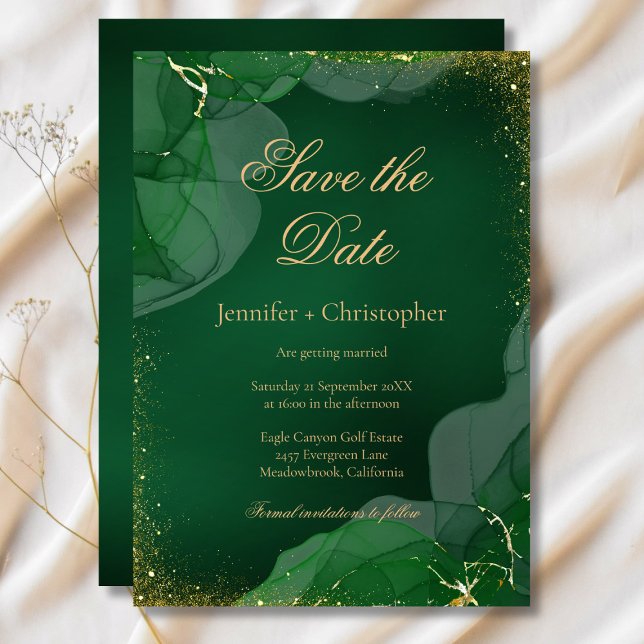 Emerald Green Gold Marble Wedding Save The Date Einladung (Emerald Green Gold Marble Wedding Save The Date Invitation)