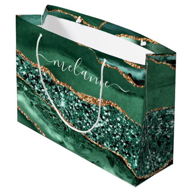 Emerald Green Gold Marmor Individuelle Name Gift B Große Geschenktüte (Rückseite Schrägansicht)