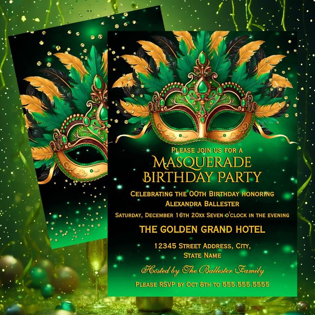 Emerald Green Gold Masks Masquerade Birthday Party Einladung (Von Creator hochgeladen)