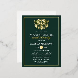 Emerald Green & Gold Masquerade Sweet 16 Party Folie Einladungspostkarte