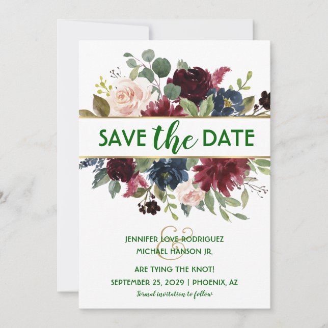 Emerald Green Gold Merlot Navy Boho Save the Date Einladung (Vorderseite)