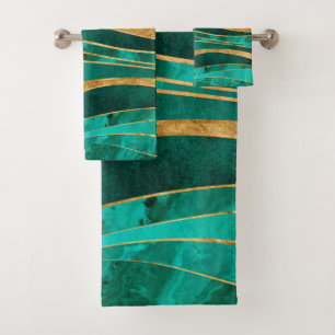Emerald Green Gold Metallic Wavy Abstrakt Badhandtuch Set