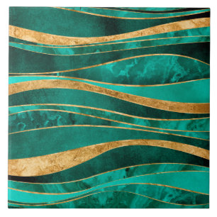 Emerald Green Gold Metallic Wavy Abstrakt Fliese