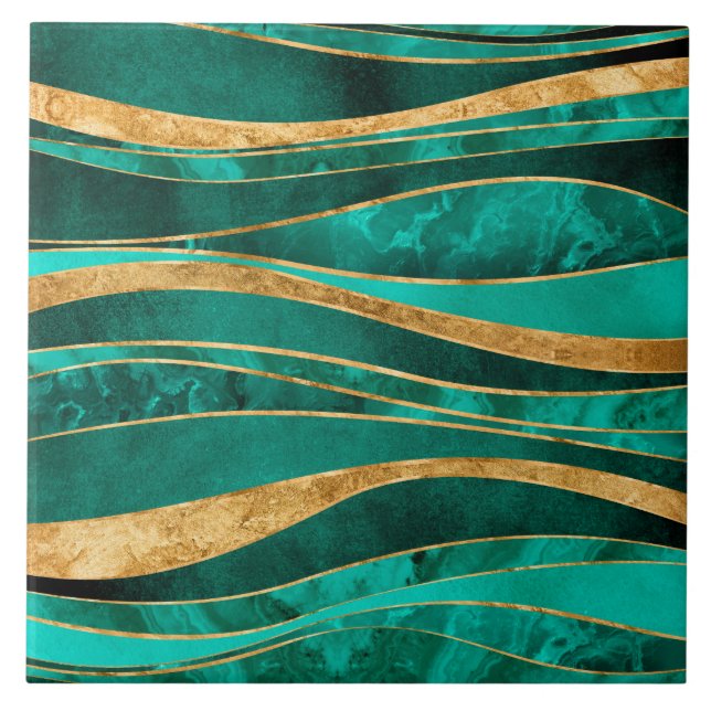 Emerald Green Gold Metallic Wavy Abstrakt Fliese (Vorderseite)