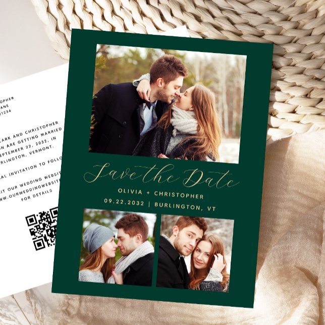 Emerald Green Gold mit 3 Fotos Save the Date Postkarte (Von Creator hochgeladen)