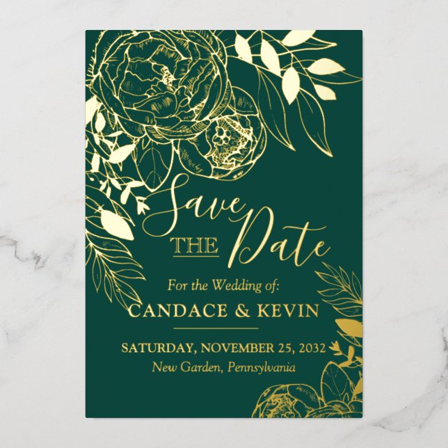 Emerald Green & Gold Modern Floral Save the Date Folieneinladung (Vorderseite)
