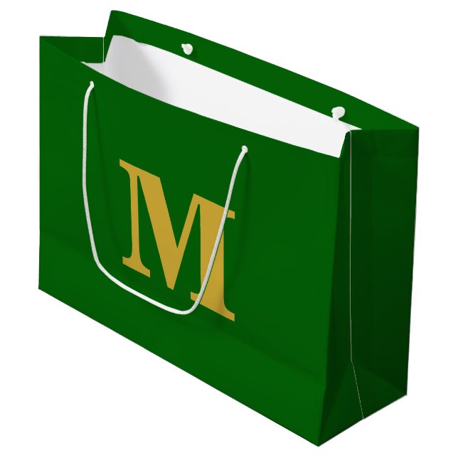 Emerald Green & Gold Modern Letter Monogram Große Geschenktüte (Vorderseite Schrägansicht)