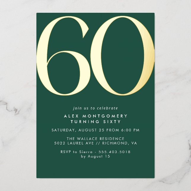 Emerald Green & Gold | Modern Simple 60th Birthday Folieneinladung (Vorderseite)