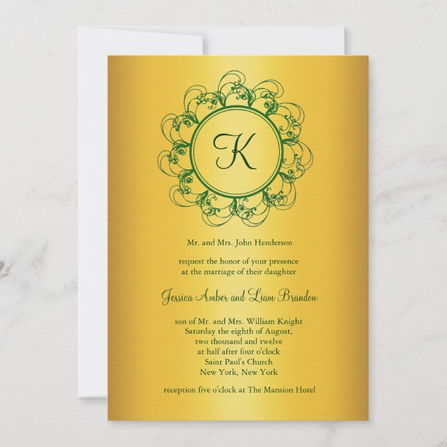 Emerald Green & Gold Monogram Wedding Einladung (Vorderseite)
