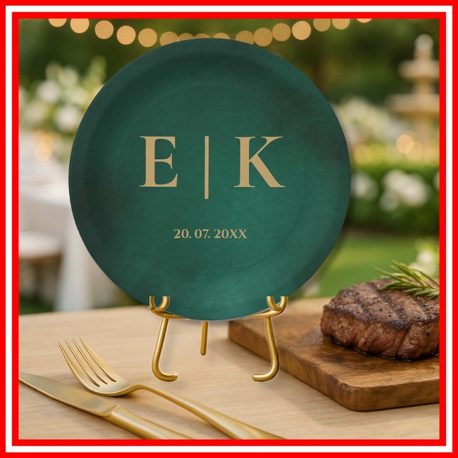 Emerald Green & Gold Monogram Wedding Pappteller (Von Creator hochgeladen)