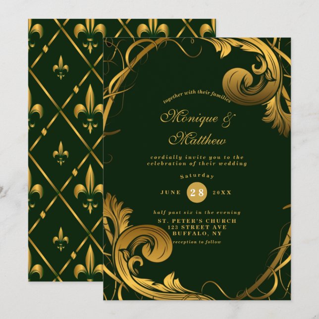 Emerald Green Gold Ornament Wedding Einladungen (Vorne/Hinten)