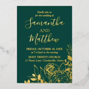 Emerald Green & Gold Peony Moderne Blumenhochzeit Folieneinladung