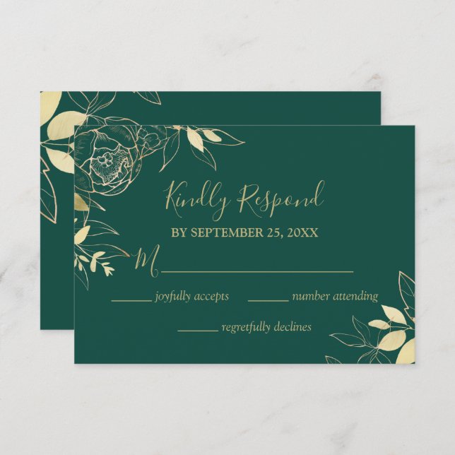 Emerald Green & Gold Peony Moderne Blumenhochzeit RSVP Karte (Vorne/Hinten)
