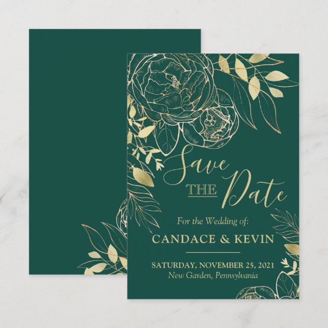 Emerald Green & Gold Peony Moderne Blumenhochzeit Save The Date (Vorne/Hinten)