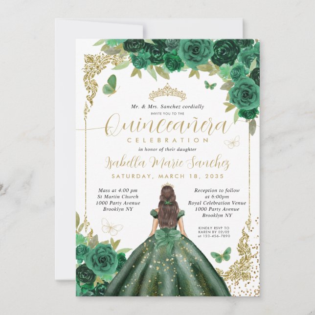 Emerald Green Gold Princess Floral Quinceañera Einladung (Vorderseite)