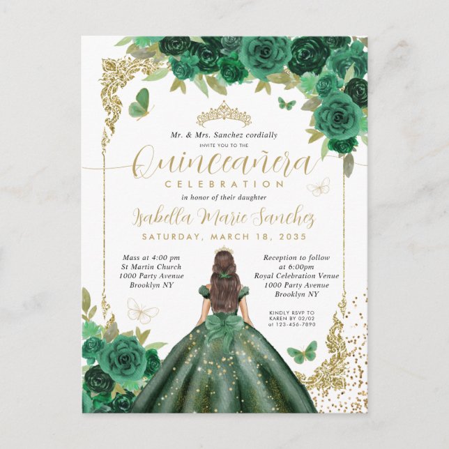 Emerald Green Gold Princess Floral Quinceañera Postkarte (Vorderseite)