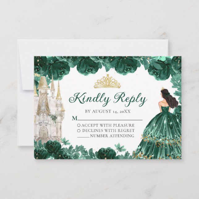 Emerald Green Gold Princess Quinceañera RSVP Card Karte (Vorderseite)