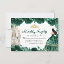 Emerald Green Gold Princess Quinceañera RSVP Card